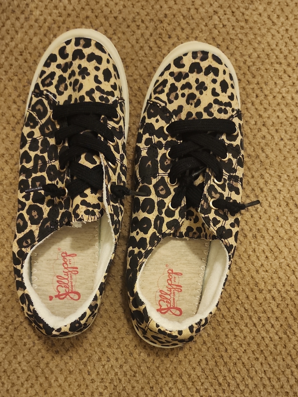 Jelly Pop  Women's Leopard-Print Canvas Lace-Up Sneakers in Beige and Black